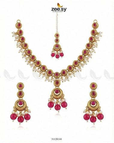 Royal Guldasta Beads Necklace Set Golden Ruby Necklace Sets - Zeesy Jewellery Pakistan | Premium Artificial & Imitation Jewellery