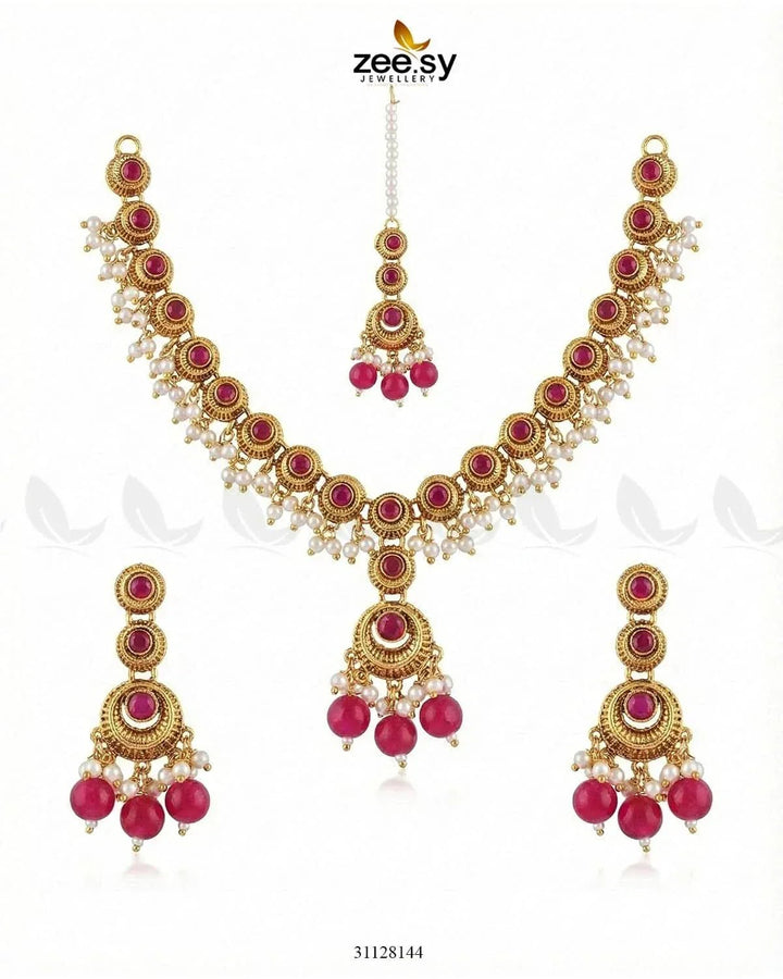 Royal Guldasta Beads Necklace Set Golden Ruby Necklace Sets - Zeesy Jewellery Pakistan | Premium Artificial & Imitation Jewellery