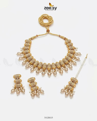 Shahi Pearl Drop Necklace Set Golden Champagne Necklace Sets - Zeesy Jewellery Pakistan | Premium Artificial & Imitation Jewellery
