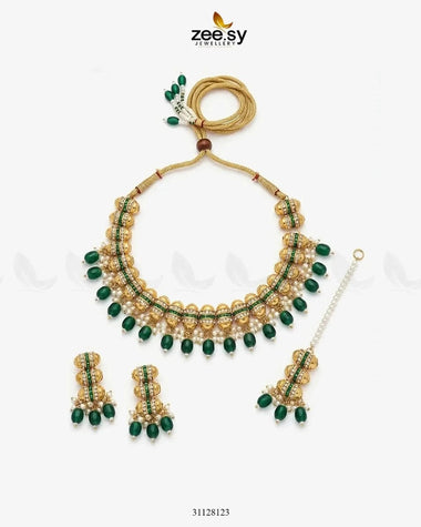 Shahi Pearl Drop Necklace Set Golden Green Necklace Sets - Zeesy Jewellery Pakistan | Premium Artificial & Imitation Jewellery