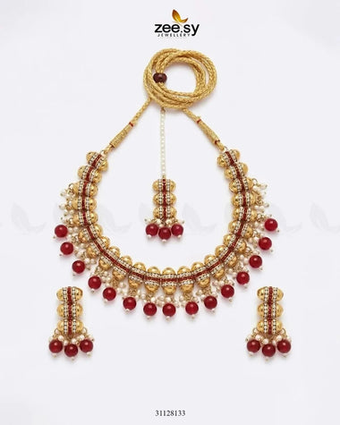 Shahi Pearl Drop Necklace Set Golden Red Necklace Sets - Zeesy Jewellery Pakistan | Premium Artificial & Imitation Jewellery