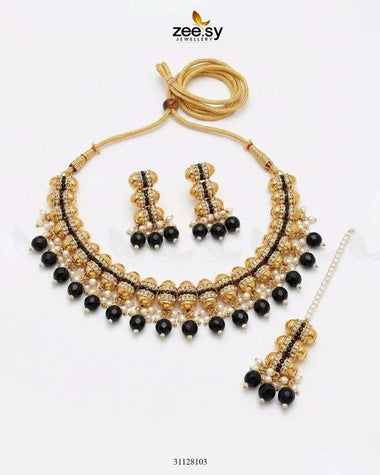 Shahi Pearl Drop Necklace Set Golden Black Necklace Sets - Zeesy Jewellery Pakistan | Premium Artificial & Imitation Jewellery