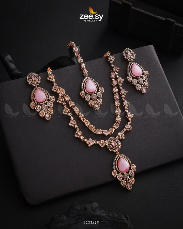 Sushmita Necklace Set Golden Mint Pink Necklace Sets - Zeesy Jewellery Pakistan | Premium Artificial & Imitation Jewellery