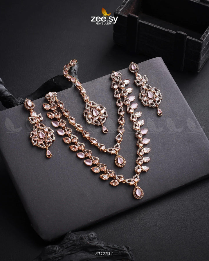 Urwa Hocane Necklace Set Golden Mint Pink Necklace Sets - Zeesy Jewellery Pakistan | Premium Artificial & Imitation Jewellery