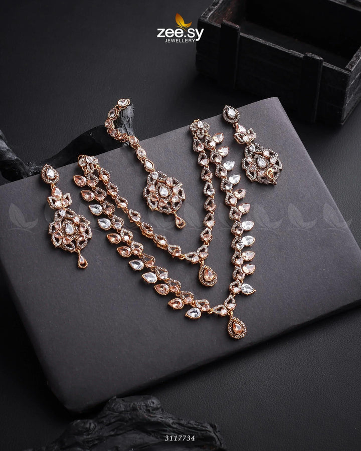 Urwa Hocane Necklace Set Golden Champagne white Necklace Sets - Zeesy Jewellery Pakistan | Premium Artificial & Imitation Jewellery