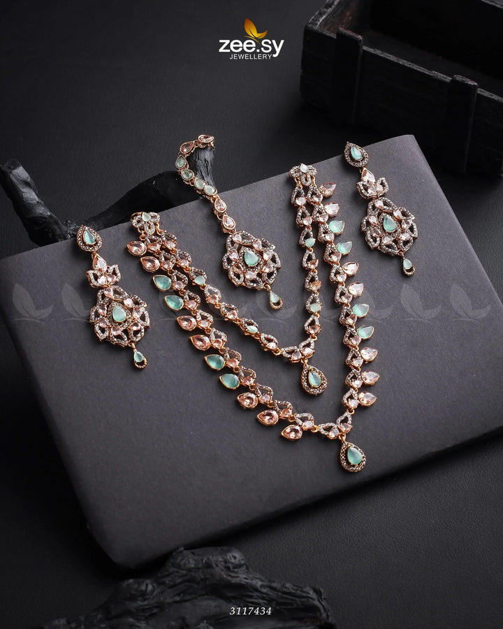 Urwa Hocane Necklace Set Golden Mint Green Necklace Sets - Zeesy Jewellery Pakistan | Premium Artificial & Imitation Jewellery