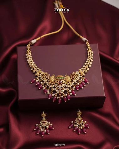 Sublime Bold Beads Necklace Set Golden Ruby Necklace Sets - Zeesy Jewellery Pakistan | Premium Artificial & Imitation Jewellery
