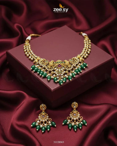 Sublime Bold Beads Necklace Set Golden Green Necklace Sets - Zeesy Jewellery Pakistan | Premium Artificial & Imitation Jewellery
