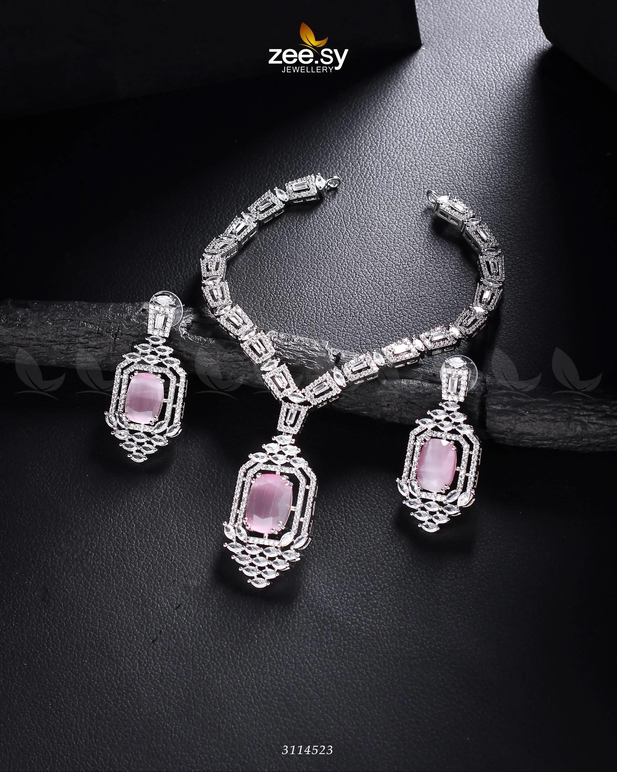 Sharmeen Necklace Set Silver Mint Pink Necklace Sets - Zeesy Jewellery Pakistan | Premium Artificial & Imitation Jewellery