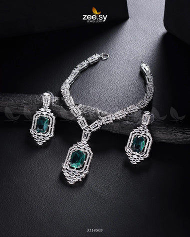 Sharmeen Necklace Set Silver Emerald Green Necklace Sets - Zeesy Jewellery Pakistan | Premium Artificial & Imitation Jewellery