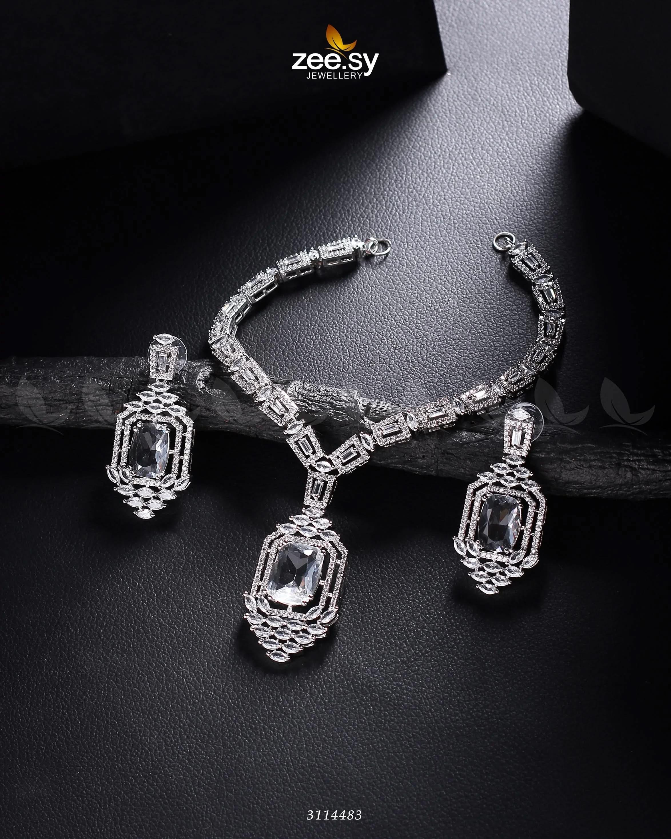 Sharmeen Necklace Set Silver White Necklace Sets - Zeesy Jewellery Pakistan | Premium Artificial & Imitation Jewellery