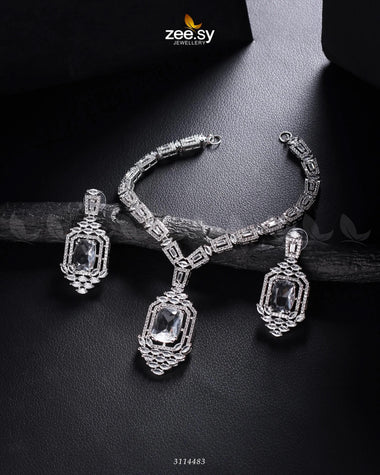 Sharmeen Necklace Set Silver White Necklace Sets - Zeesy Jewellery Pakistan | Premium Artificial & Imitation Jewellery