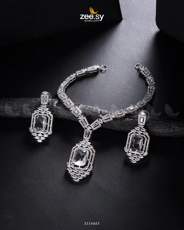 Sharmeen Necklace Set Silver White Necklace Sets - Zeesy Jewellery Pakistan | Premium Artificial & Imitation Jewellery