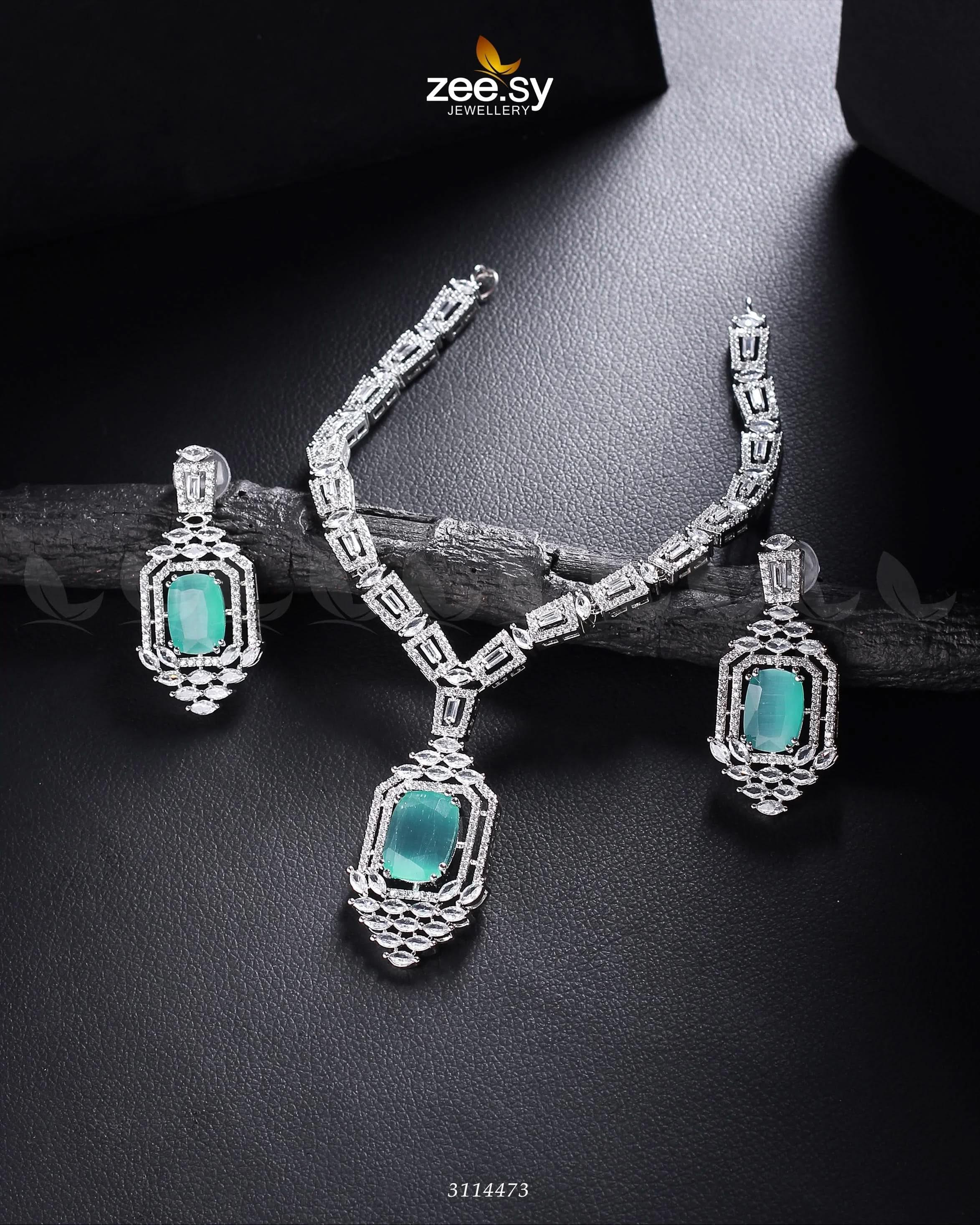 Sharmeen Necklace Set Silver Mint Green Necklace Sets - Zeesy Jewellery Pakistan | Premium Artificial & Imitation Jewellery