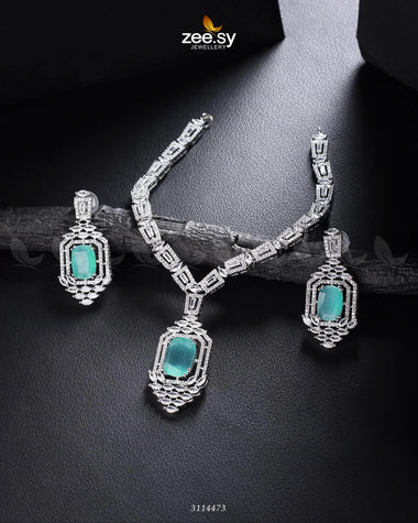 Sharmeen Necklace Set Silver Mint Green Necklace Sets - Zeesy Jewellery Pakistan | Premium Artificial & Imitation Jewellery