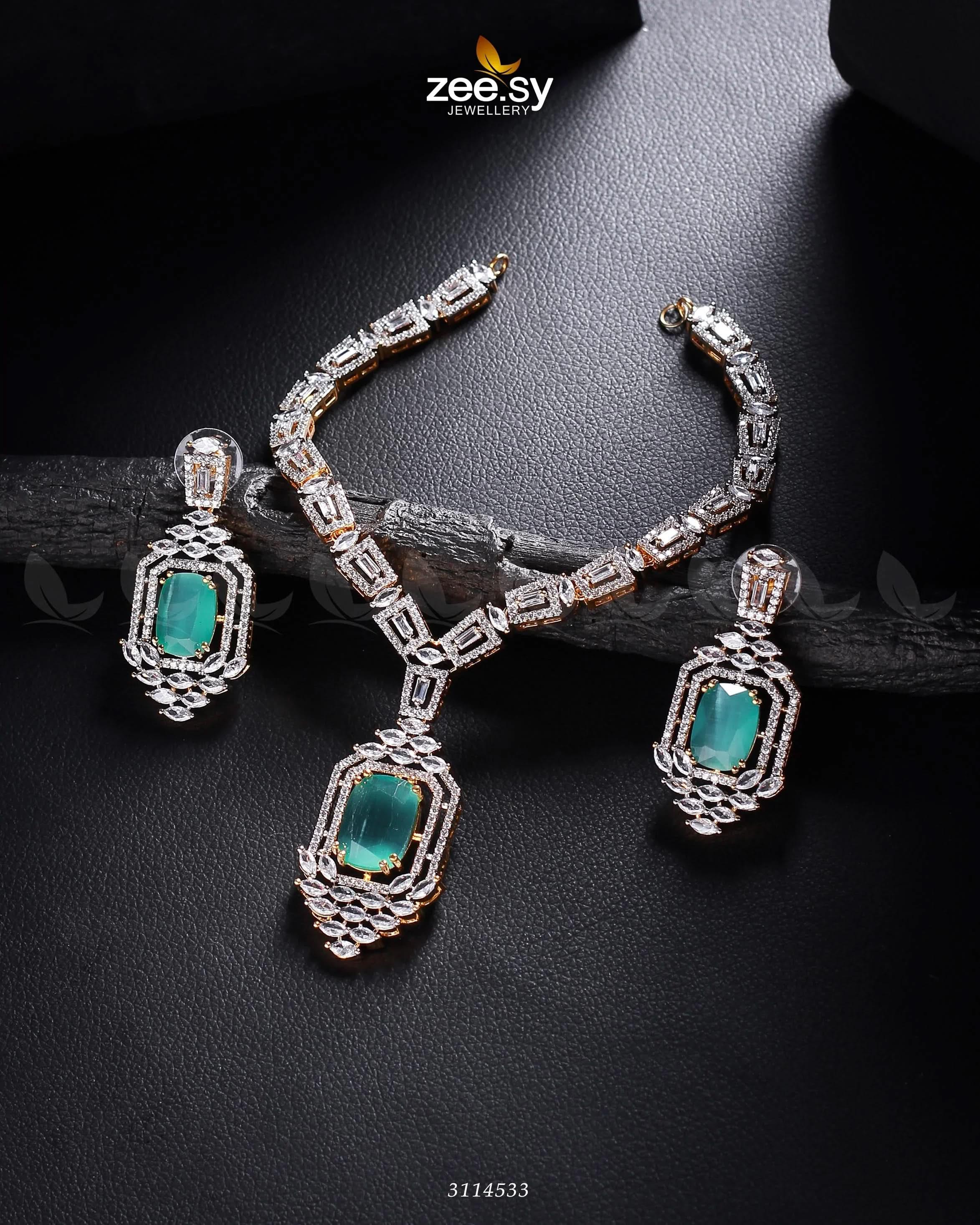 Sharmeen Necklace Set Golden Mint Green Necklace Sets - Zeesy Jewellery Pakistan | Premium Artificial & Imitation Jewellery