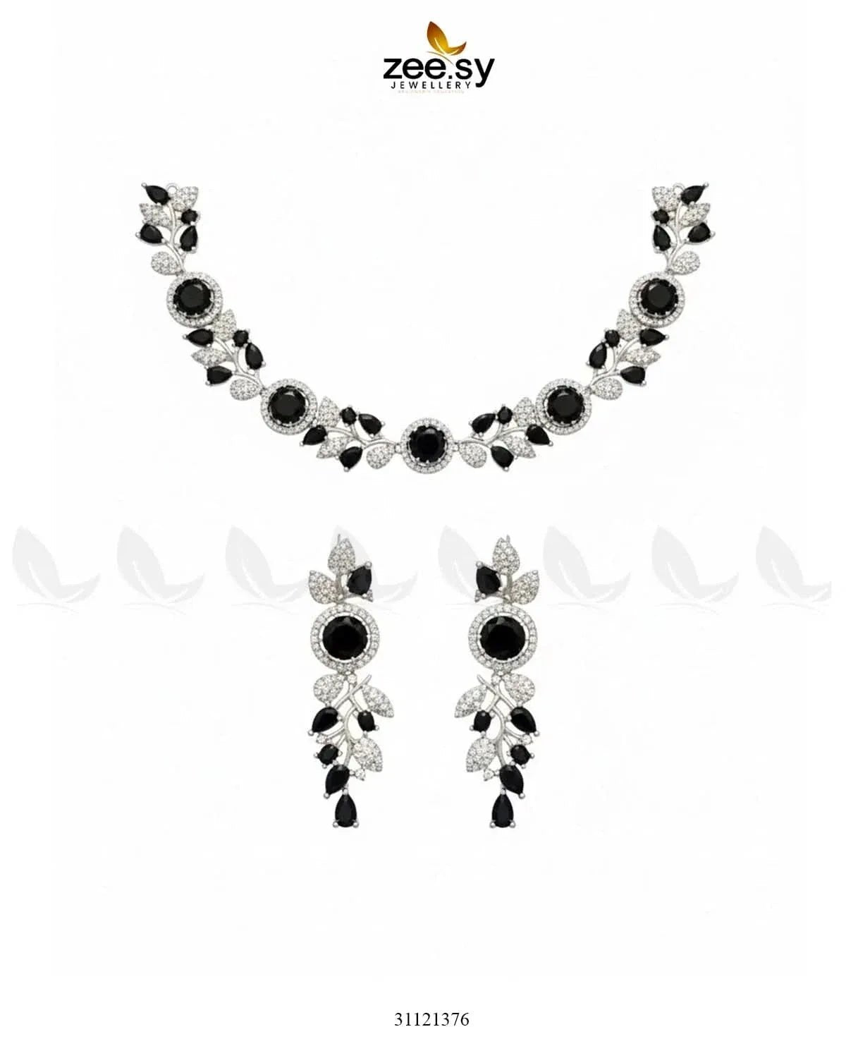 Exquisite Floral Necklace Set Silver Black Necklace Sets - Zeesy Jewellery Pakistan | Premium Artificial & Imitation Jewellery
