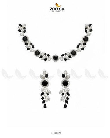 Exquisite Floral Necklace Set Silver Black Necklace Sets - Zeesy Jewellery Pakistan | Premium Artificial & Imitation Jewellery
