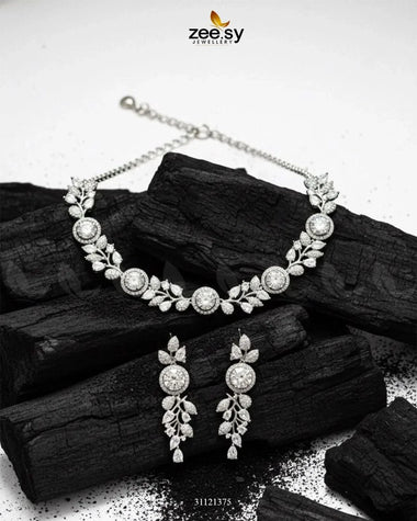 Exquisite Floral Necklace Set Silver White Necklace Sets - Zeesy Jewellery Pakistan | Premium Artificial & Imitation Jewellery
