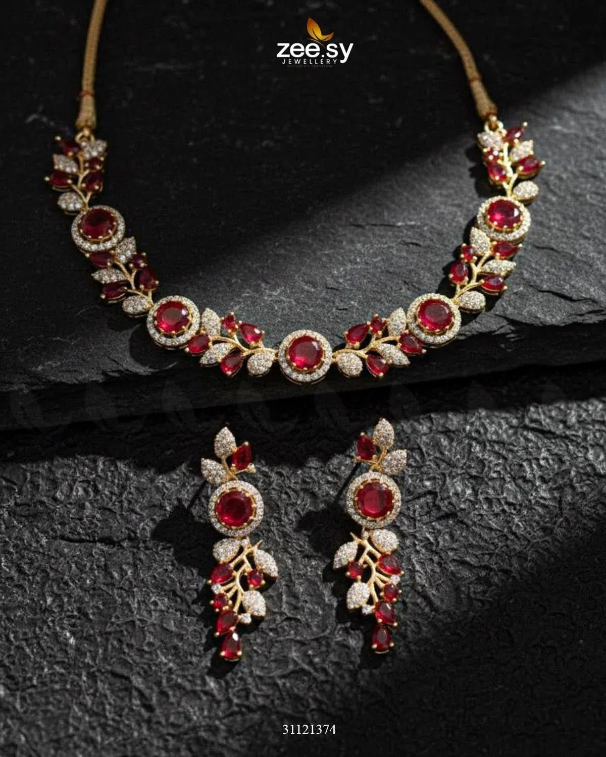 Exquisite Floral Necklace Set Golden Red Necklace Sets - Zeesy Jewellery Pakistan | Premium Artificial & Imitation Jewellery