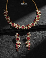 Exquisite Floral Necklace Set Golden Red Necklace Sets - Zeesy Jewellery Pakistan | Premium Artificial & Imitation Jewellery