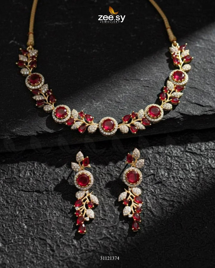 Exquisite Floral Necklace Set Golden Red Necklace Sets - Zeesy Jewellery Pakistan | Premium Artificial & Imitation Jewellery