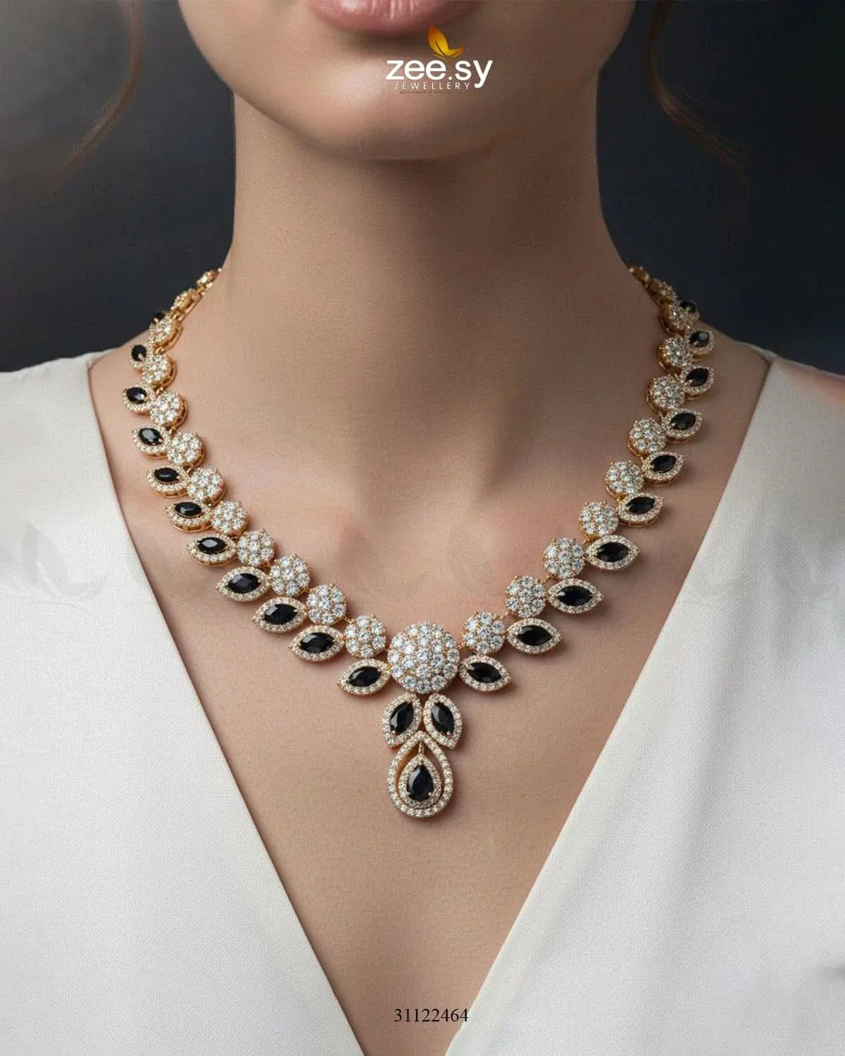 Floral Gilded Sentimental Cluster Necklace Golden Black Necklace Sets - Zeesy Jewellery Pakistan | Premium Artificial & Imitation Jewellery