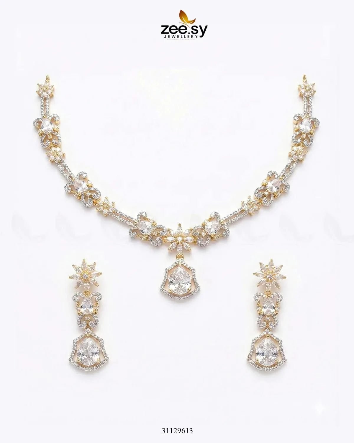 Golden Cocktail Stone Necklace Set Golden White Necklace Sets - Zeesy Jewellery Pakistan | Premium Artificial & Imitation Jewellery