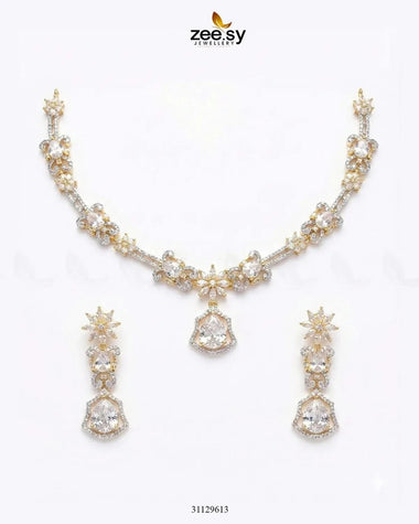 Golden Cocktail Stone Necklace Set Golden White Necklace Sets - Zeesy Jewellery Pakistan | Premium Artificial & Imitation Jewellery