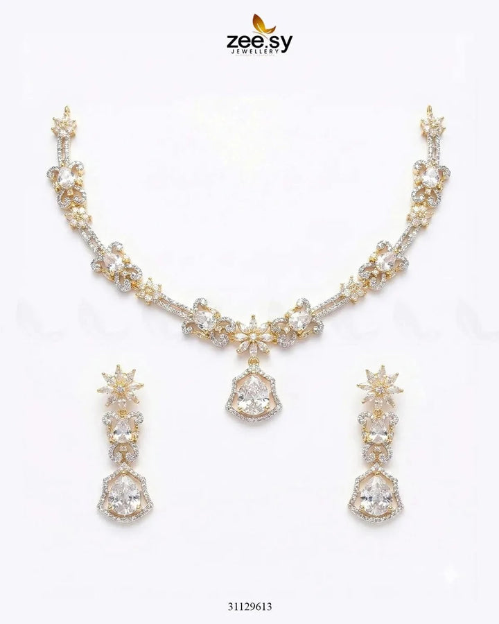 Golden Cocktail Stone Necklace Set Golden White Necklace Sets - Zeesy Jewellery Pakistan | Premium Artificial & Imitation Jewellery