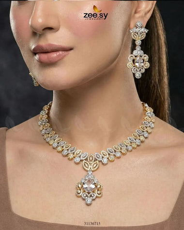 Golden Crystal Pave Necklace Set Necklace Sets - Zeesy Jewellery Pakistan | Premium Artificial & Imitation Jewellery