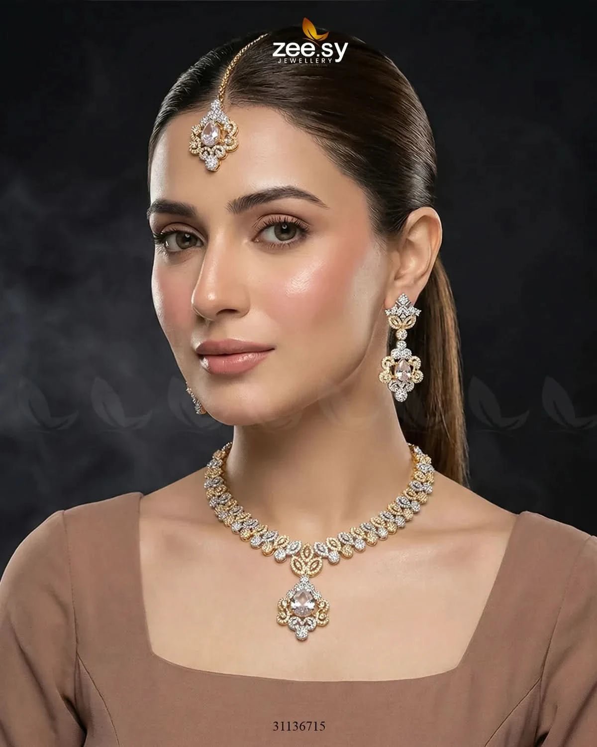 Golden Crystal Pave Necklace Set Necklace Sets - Zeesy Jewellery Pakistan | Premium Artificial & Imitation Jewellery