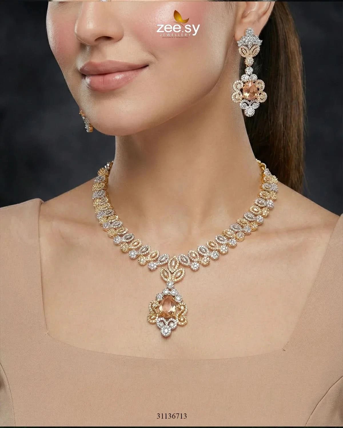 Golden Crystal Pave Necklace Set Necklace Sets - Zeesy Jewellery Pakistan | Premium Artificial & Imitation Jewellery