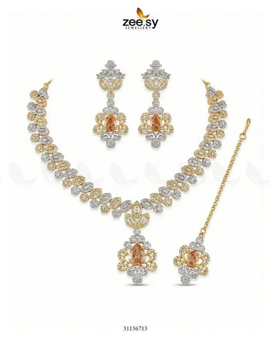 Golden Crystal Pave Necklace Set Golden Champagne Necklace Sets - Zeesy Jewellery Pakistan | Premium Artificial & Imitation Jewellery