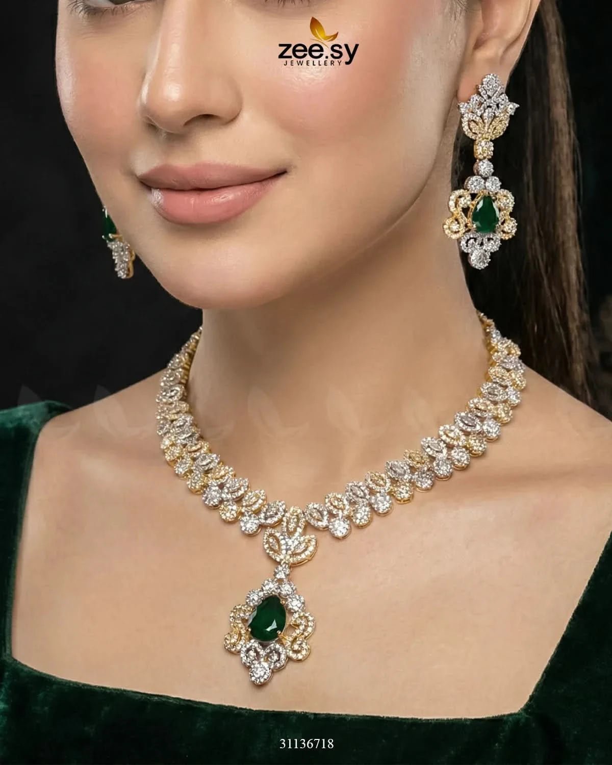 Golden Crystal Pave Necklace Set Necklace Sets - Zeesy Jewellery Pakistan | Premium Artificial & Imitation Jewellery