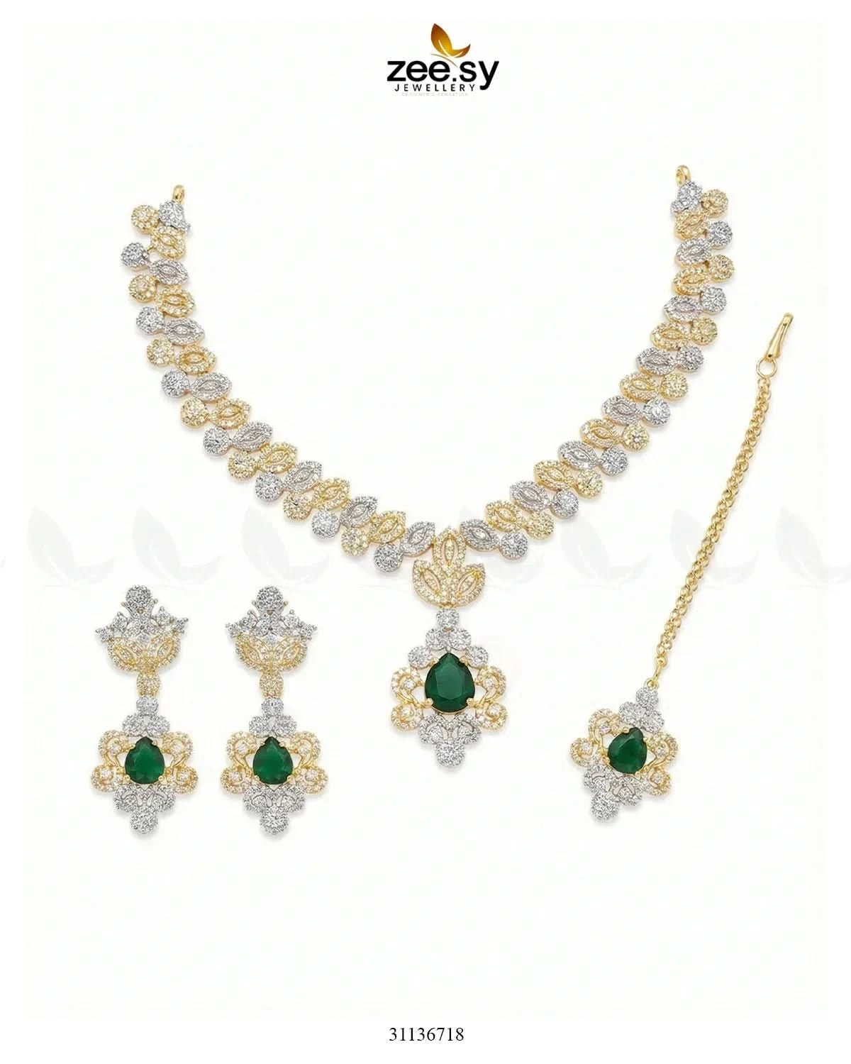Golden Crystal Pave Necklace Set Golden Green Necklace Sets - Zeesy Jewellery Pakistan | Premium Artificial & Imitation Jewellery