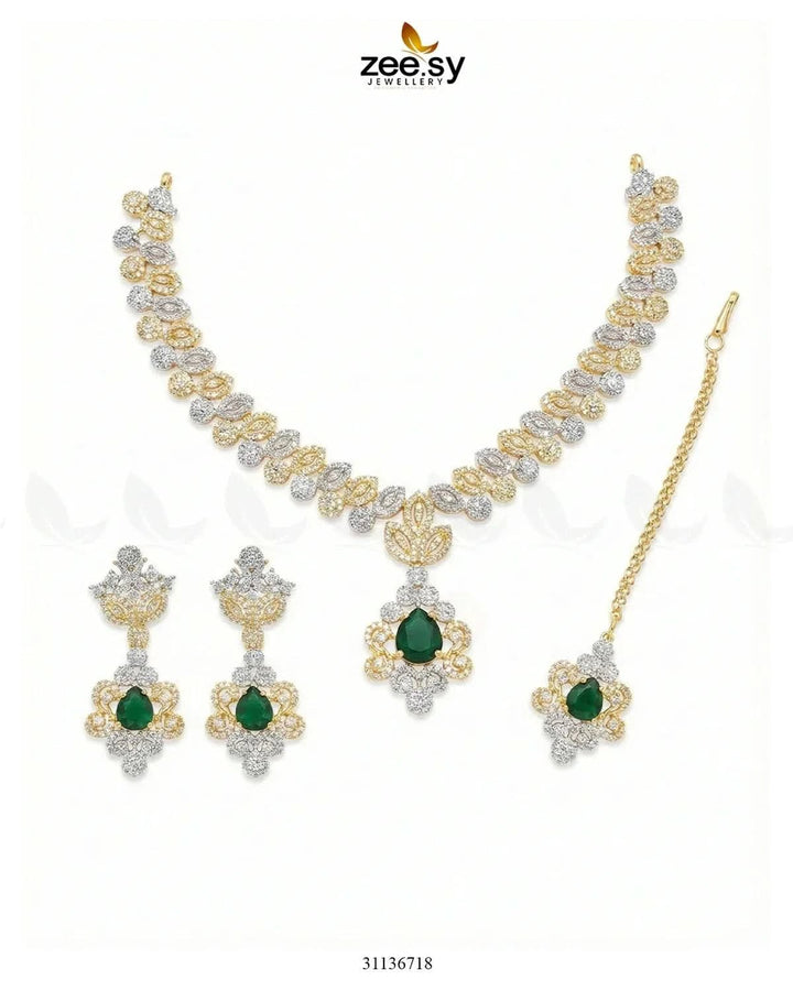 Golden Crystal Pave Necklace Set Golden Green Necklace Sets - Zeesy Jewellery Pakistan | Premium Artificial & Imitation Jewellery