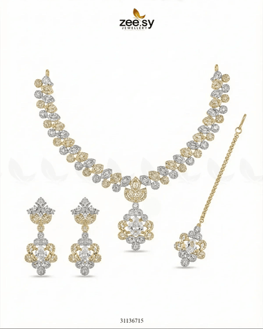 Golden Crystal Pave Necklace Set Golden white Necklace Sets - Zeesy Jewellery Pakistan | Premium Artificial & Imitation Jewellery