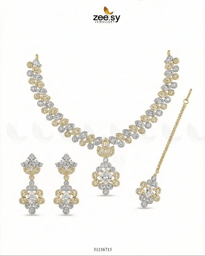 Golden Crystal Pave Necklace Set Golden white Necklace Sets - Zeesy Jewellery Pakistan | Premium Artificial & Imitation Jewellery