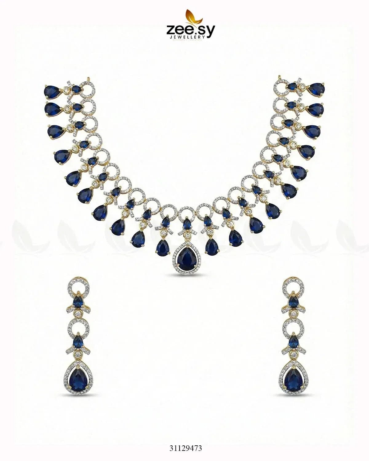 Golden Halo Cascading Necklace Set Golden Blue Necklace Sets - Zeesy Jewellery Pakistan | Premium Artificial & Imitation Jewellery