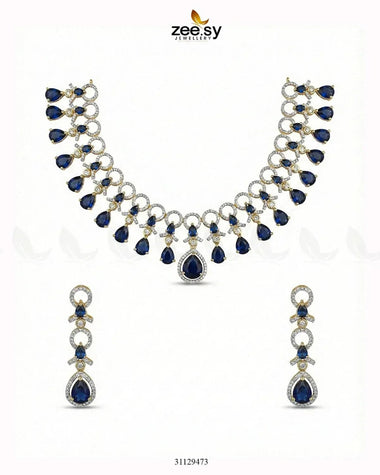 Golden Halo Cascading Necklace Set Golden Blue Necklace Sets - Zeesy Jewellery Pakistan | Premium Artificial & Imitation Jewellery