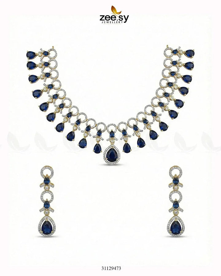 Golden Halo Cascading Necklace Set Golden Blue Necklace Sets - Zeesy Jewellery Pakistan | Premium Artificial & Imitation Jewellery