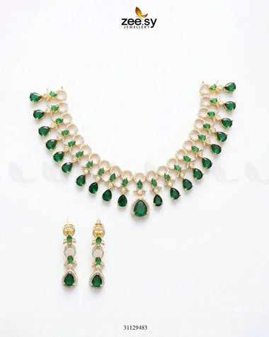 Golden Halo Cascading Necklace Set Golden Green Necklace Sets - Zeesy Jewellery Pakistan | Premium Artificial & Imitation Jewellery