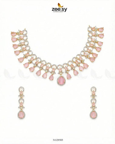 Golden Halo Cascading Necklace Set Golden Mint Pink Necklace Sets - Zeesy Jewellery Pakistan | Premium Artificial & Imitation Jewellery