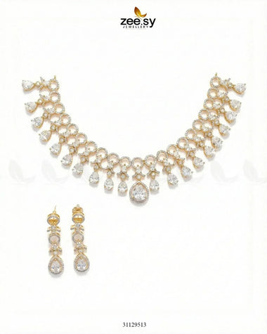 Golden Halo Cascading Necklace Set Golden White Necklace Sets - Zeesy Jewellery Pakistan | Premium Artificial & Imitation Jewellery