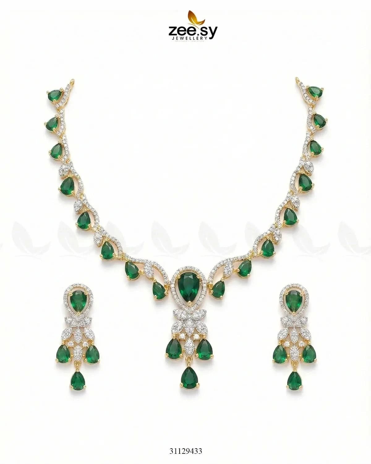 Golden Radiant Drop Necklace Set Golden Green Necklace Sets - Zeesy Jewellery Pakistan | Premium Artificial & Imitation Jewellery