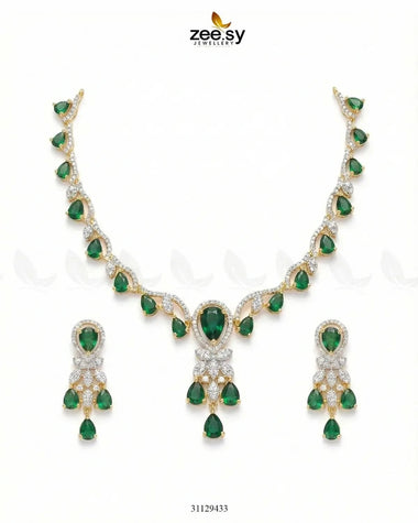 Golden Radiant Drop Necklace Set Golden Green Necklace Sets - Zeesy Jewellery Pakistan | Premium Artificial & Imitation Jewellery