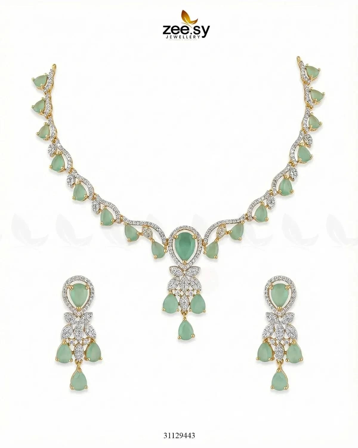 Golden Radiant Drop Necklace Set Golden Mint Green Necklace Sets - Zeesy Jewellery Pakistan | Premium Artificial & Imitation Jewellery