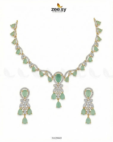 Golden Radiant Drop Necklace Set Golden Mint Green Necklace Sets - Zeesy Jewellery Pakistan | Premium Artificial & Imitation Jewellery