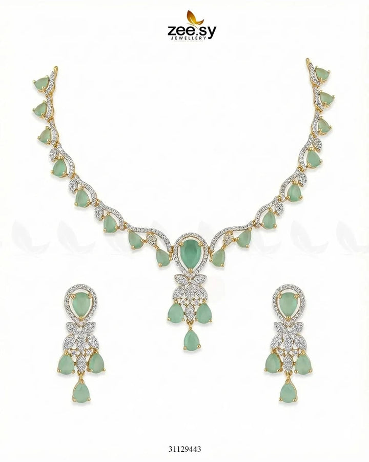 Golden Radiant Drop Necklace Set Golden Mint Green Necklace Sets - Zeesy Jewellery Pakistan | Premium Artificial & Imitation Jewellery